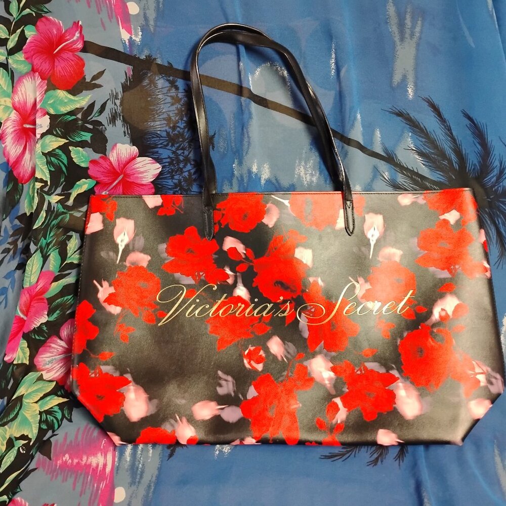 ❤️New VICTORIA'S SECRET Red Black Floral Rose Print Tote Shopper Bag